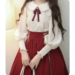 Vintage Elegant Lolita Style Shirts Women Japanese Sweet Gigot Sleeve Lace Embroidery Blouses Female Cute Bow Tops Blusas Mujer