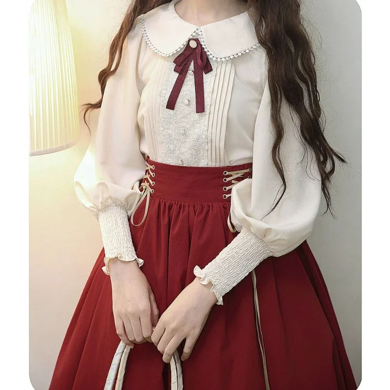 Vintage eleganckie koszule w stylu Lolita damskie japońskie słodkie Gigot rękaw koronkowe haftowane bluzki kobiece śliczne topy z kokardką Blusas Mujer