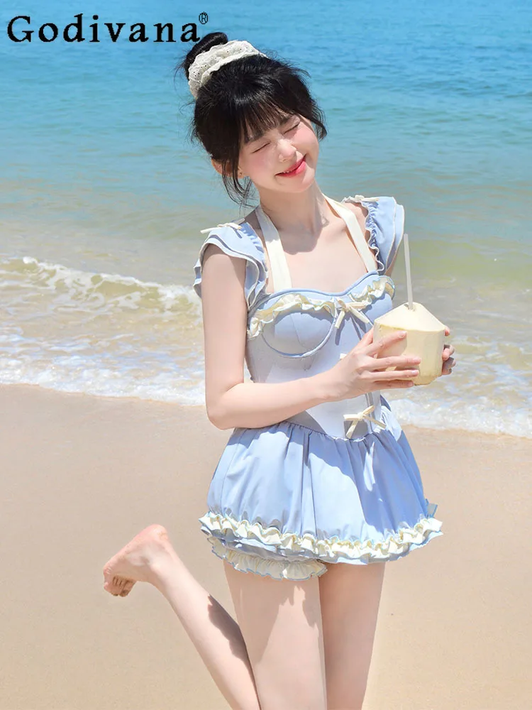 

Girly Sweet Y2k Bow Ruffles Halter Student Split Blue Swimsuit Women Seaside Vacation Beach Dress Summer Fashion Casual Swimwear