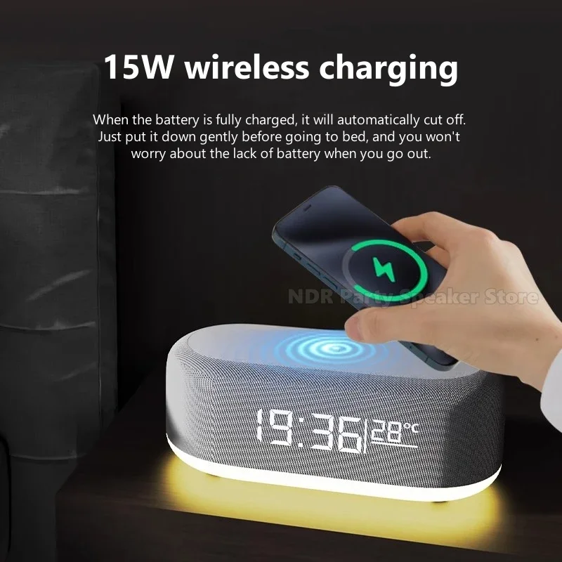 مكبرات صوت بلوتوث متعددة الوظائف بقدرة 15 وات، منبه رقمي ذكي، هاتف محمول 6 في 1، محطة شحن سريعة، شاحن لاسلكي