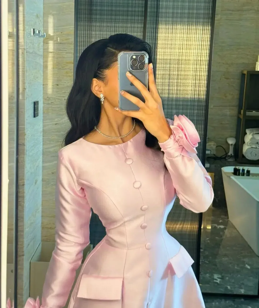 تخصيص المرأة السعودية طويلة الأكمام الوردي فساتين لحضور الحفلات الموسيقية مطوي الكاحل طول المرأة الرسمية فساتين السهرة فستان حفلات الزفاف