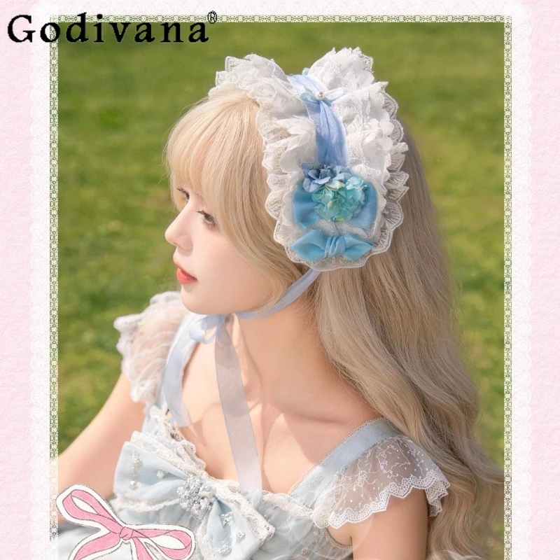 

Summer Beach Lolita Headband Women Light Blue Hydrangea Flower Lace Hairband Girls Cute Ribbon Bow Hair Accessory for Tea Party