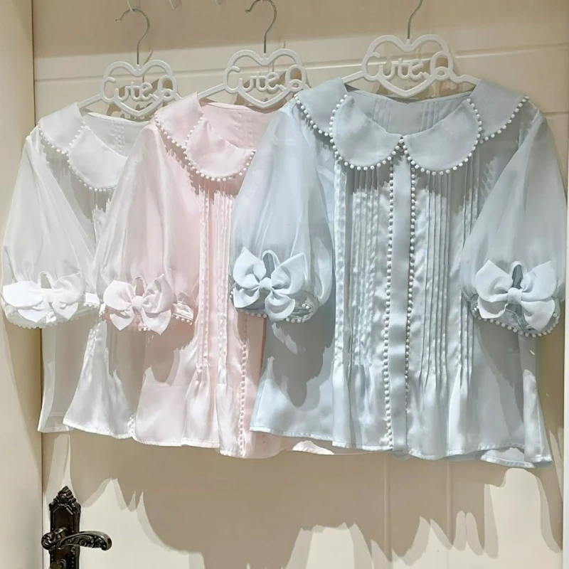 

Japanese Solid Lolita Sweet Blouse Women Cute Peter Pan Collar Bow Lantern Sleeve Casual Shirts Y2k Aesthetic See Through Blusas