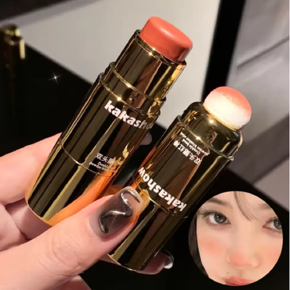 Colorete en barra, esponja de doble punta, colorete iluminador facial, crema colorete bajo saturo, tinte para mejillas rosa melocotón, cosméticos de maquillaje