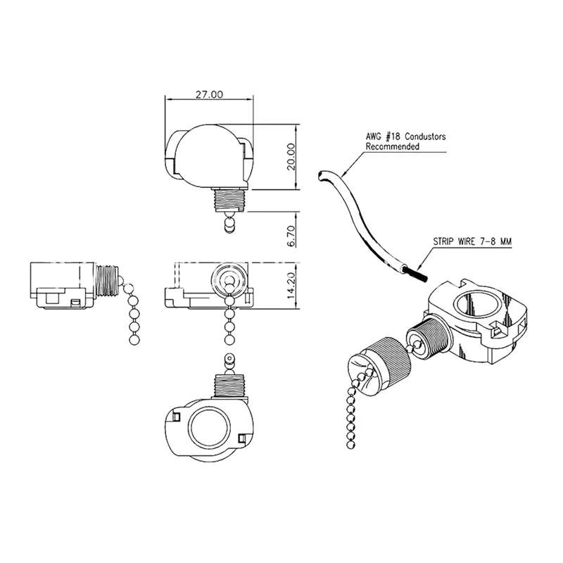 A01F-2팩 천장 선풍기 조명 스위치, 6A 125VAC, 11" 비드 풀 체인 포함, 모델 E87438