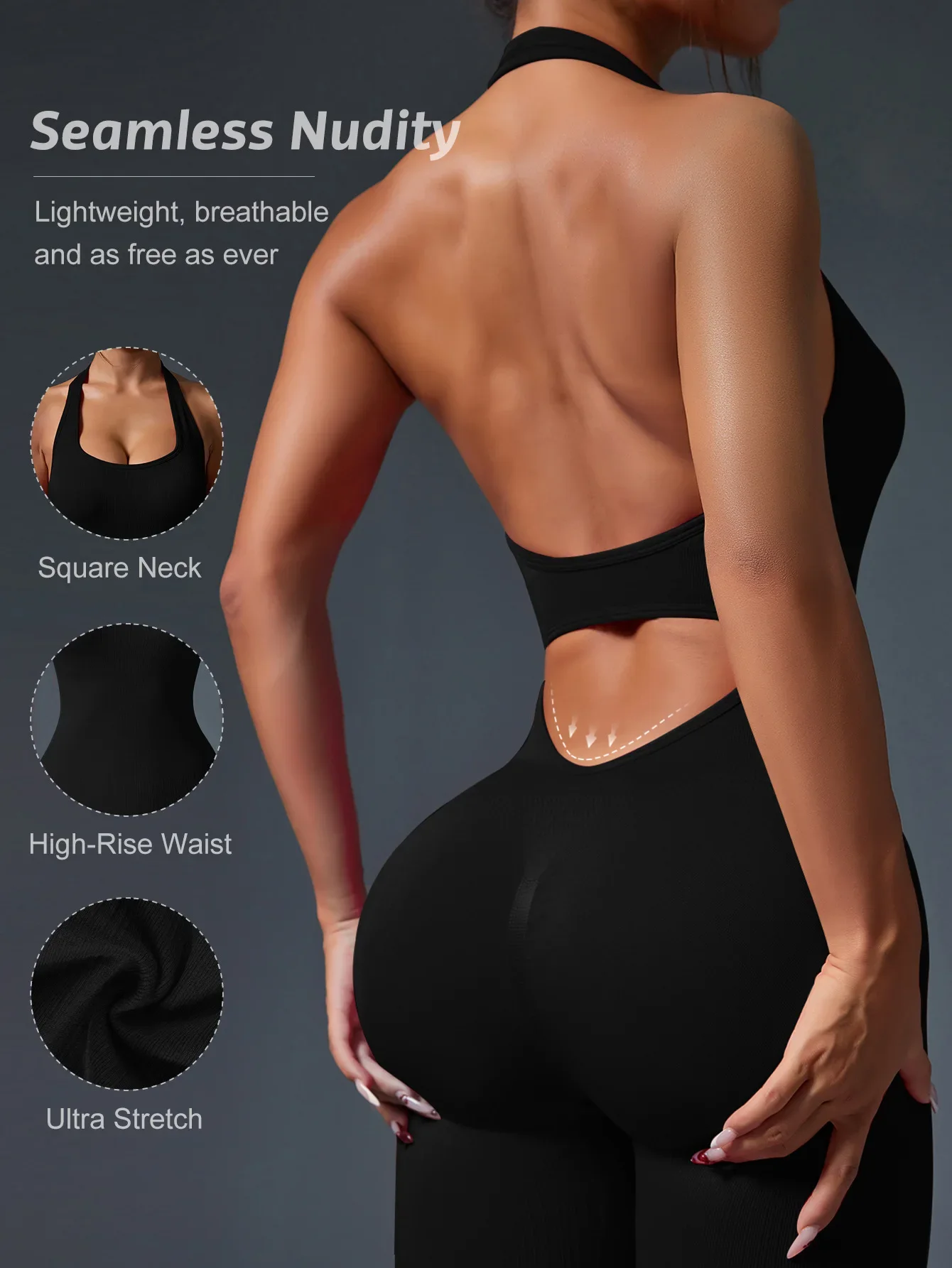 Square Neck Backless Yoga Jumpsuit High Waist Seamless Nudity Ultra Stretch Women Gym Sportswear Summer Rompers Ribbed Jumpsuits