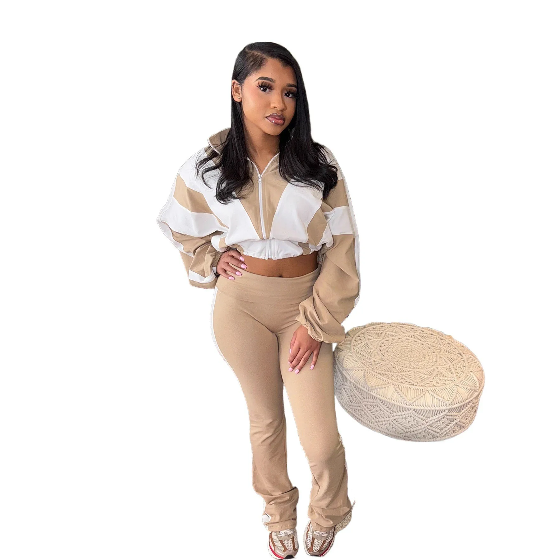 Casual Patchwork Set Fresh Sweet Full Length with Cardigan Top Zipper Long Sleeve Women Sets Spring Autumn Full Length Pants