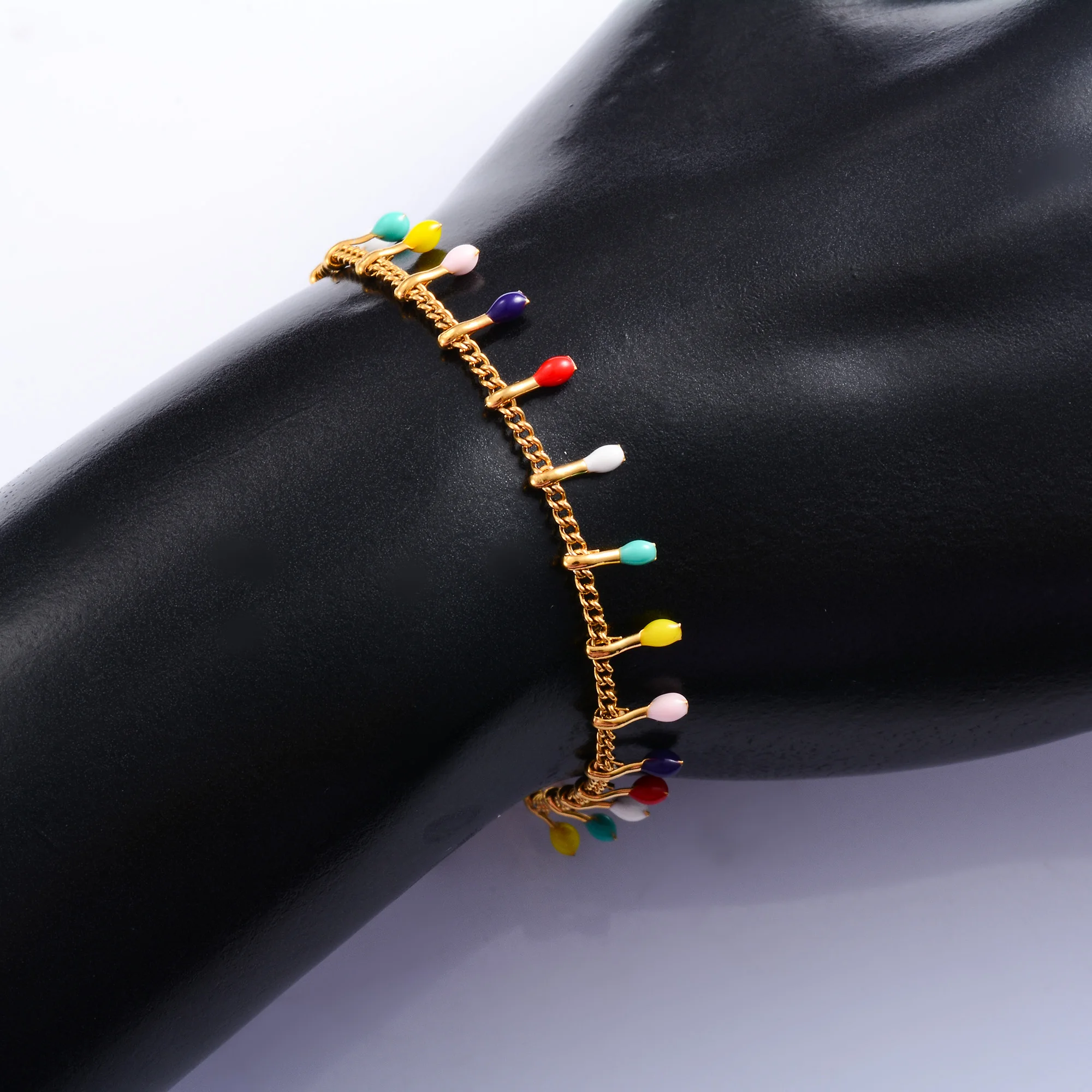 Stylish Colorful Enamel Bracelet Stainless Steel for Women Hand Foot Link Chain with Extender Gold Color Plated Jewelry Summer