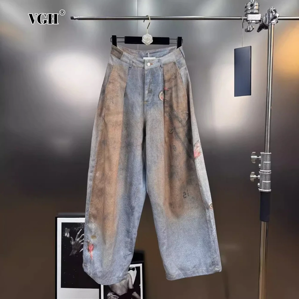 

VGH French Retro Colorblock Printed Jeans for Women High Waist Spliced Zipper Pleated Distresses Wide Leg Trousers Female Spring