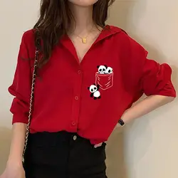 Harbor Wind Retro Spring Summer New Shirts Women Cartoon Printed Polo Neck Loose Solid Button Long Sleeve Casual Chiffon Blouses