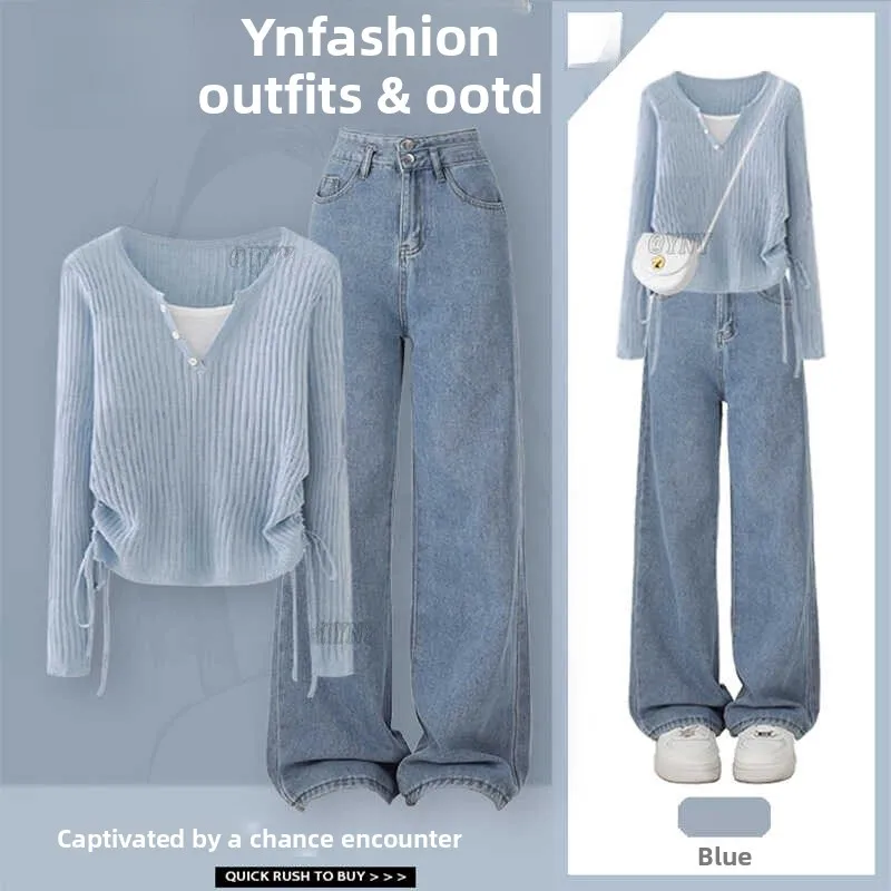 

Fashionable Autumnal Dopaamine Inspired Outfit Women's New Style V-Neck Long Sleeve Top Paired with High Waist Jeans Set