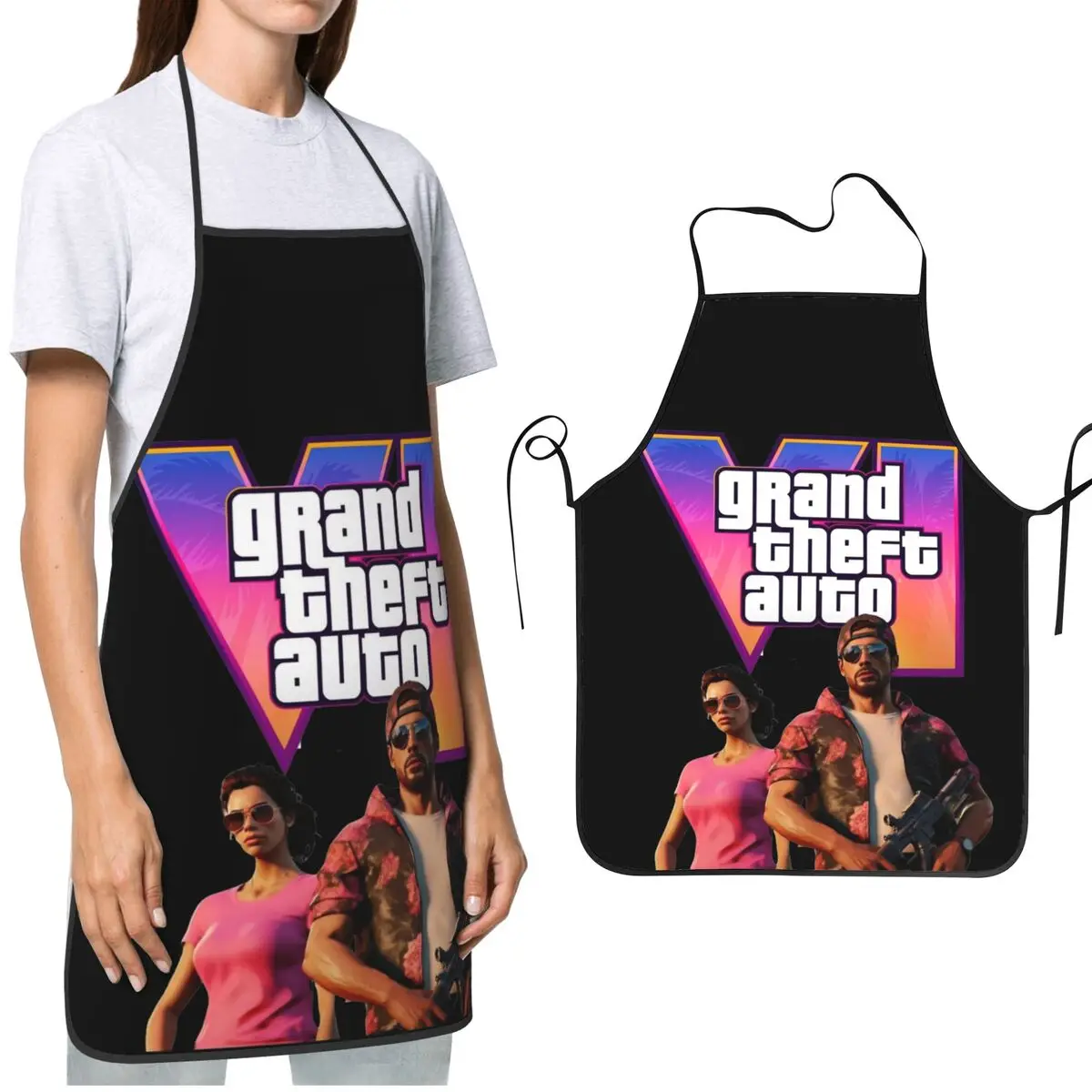 Lucia And Jason GTA 6 Apron Waterdrop Resistant Adjustable New Game Baking Aprons for Men Women Chef Gifts