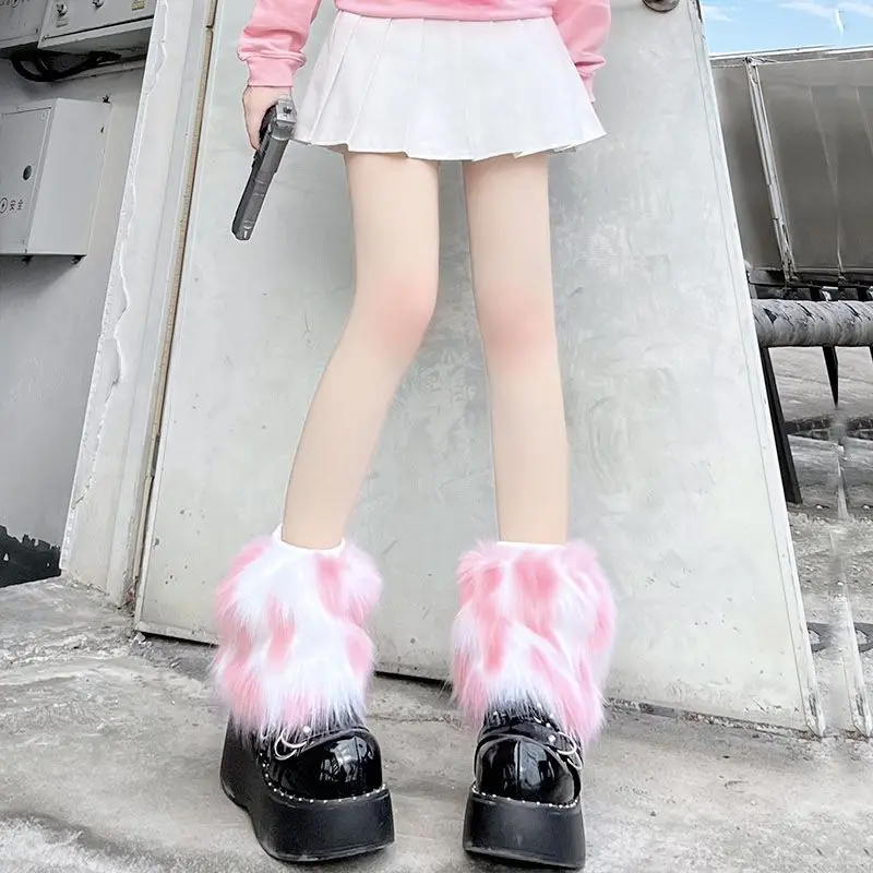 Kawaii Lolita Girls Plush Pink Socks Leg Warmers Women Winter Thick Warm Cute Japanese Gyaru JK Uniform Leg Cover Stockings Girl