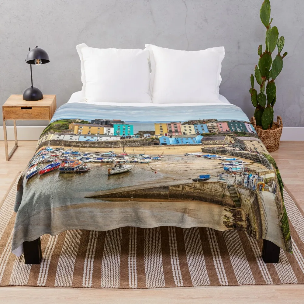 

Tenby Harbour Boats And Town Houses Throw Blanket Luxury Bed covers Blankets