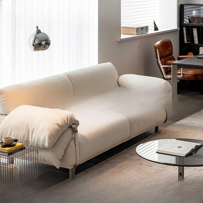 

Cream style Bauhaus straight row niche cloud sofa French retro high-footed stainless steel small apartment fabric sofa
