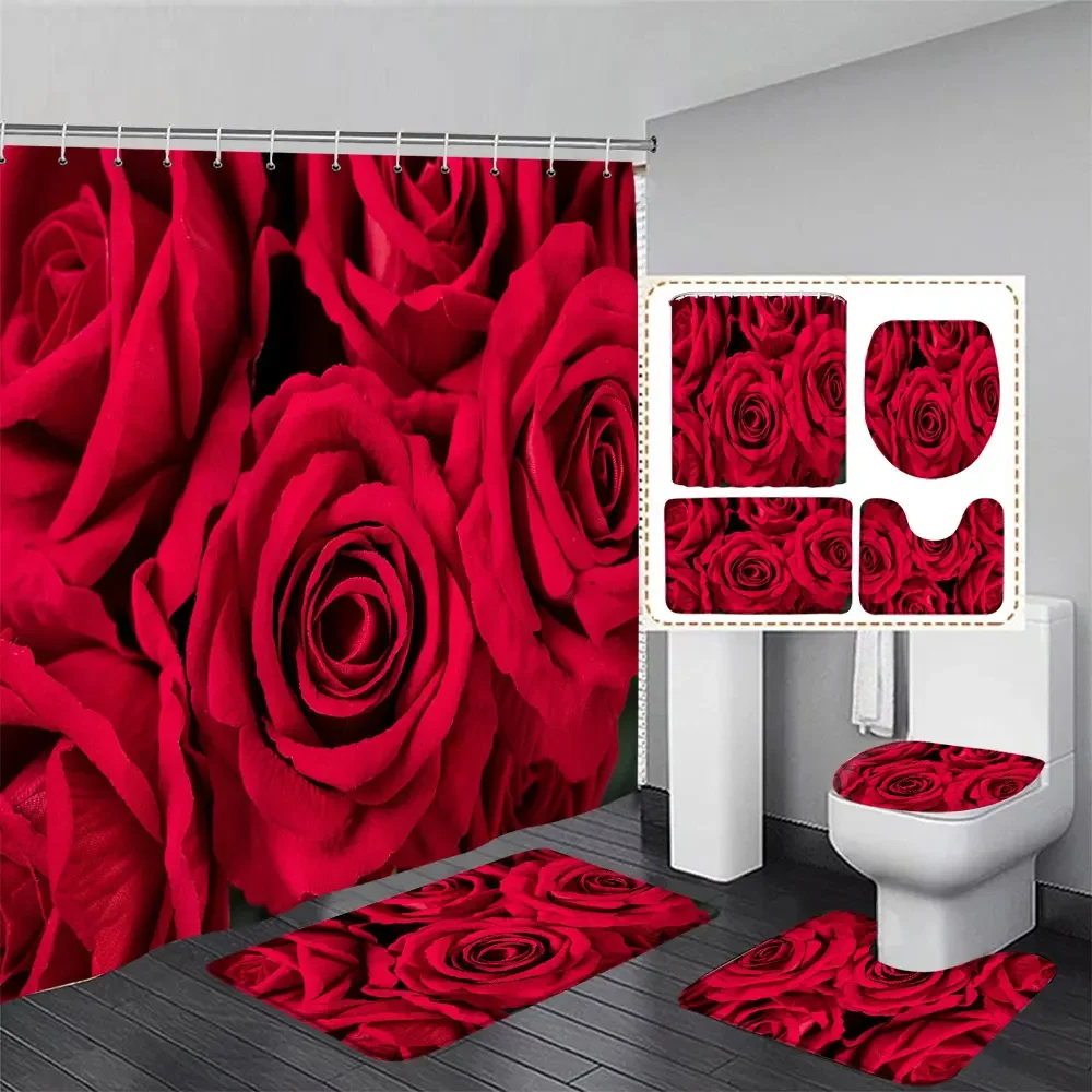 Valentine\'s Day Shower Curtain, Red Rose Perfume Bottle Truck Love Balloon Wooden Plank Romantic Bath Mat, Bathroom Decor Set