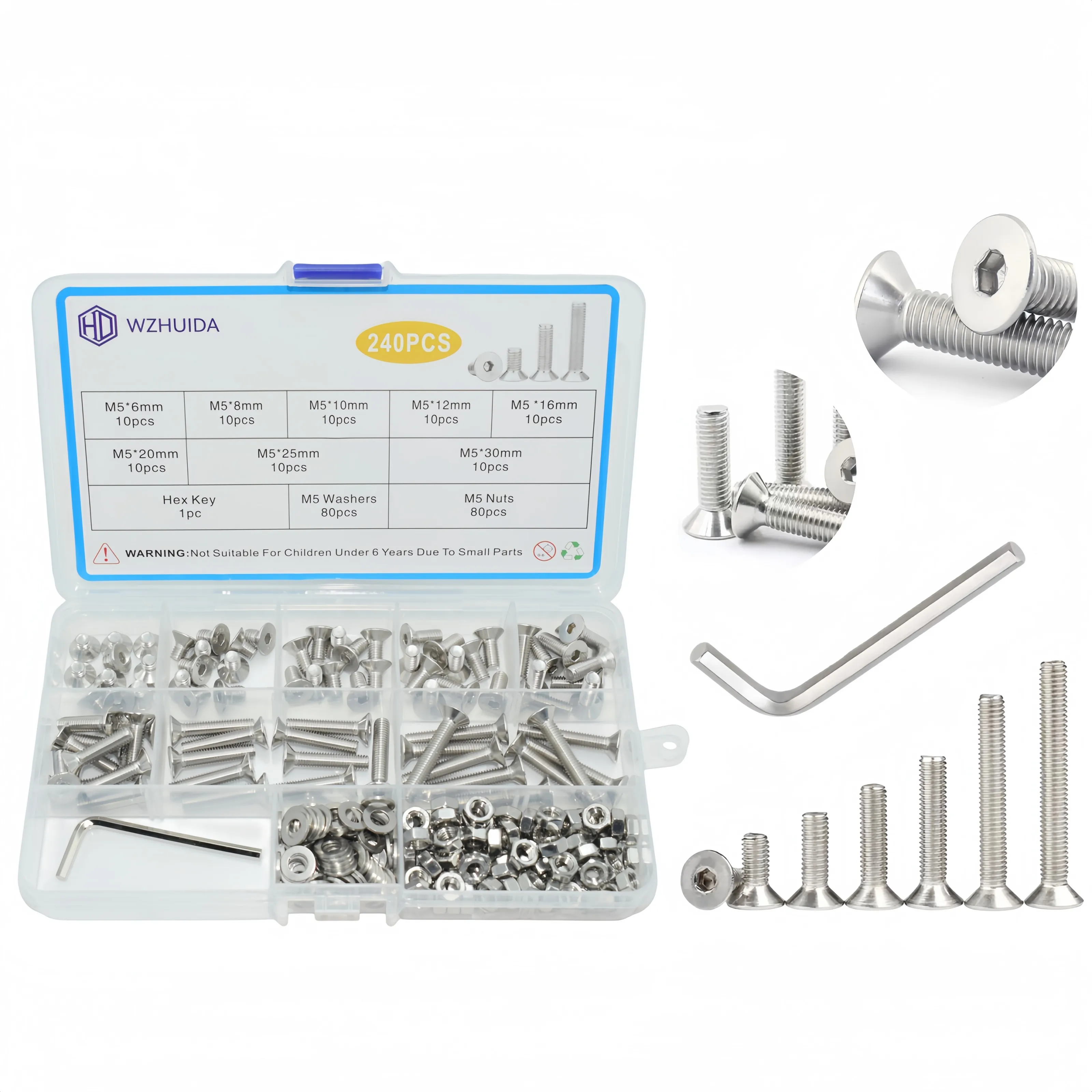 WZHUIDA 240pcs M5 304 Stainless Steel Hex Hexagon Socket Flat Countersunk Head Screw Bolt Nut Washer Set Kit DIN7991