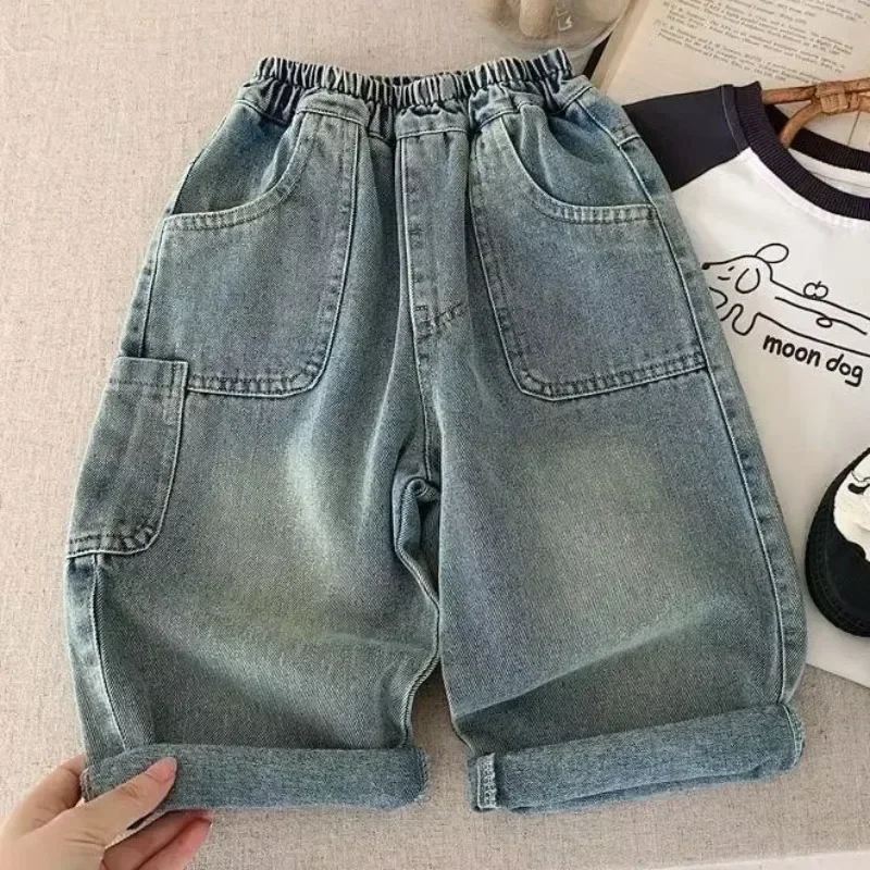 New Children's Denim Pants 2025 Spring Summer New Girls' Wide-leg Pants 2-7Year Boy's Jeans Casual Big Pocket Trousers for Kids image 6