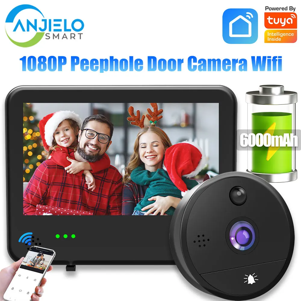 Smart Tuya 1080P WiFi Doorbell Video Peephole Door Camera Wifi 6000mAh 4.3-inch PIR FHD Infrared Digital Viewer