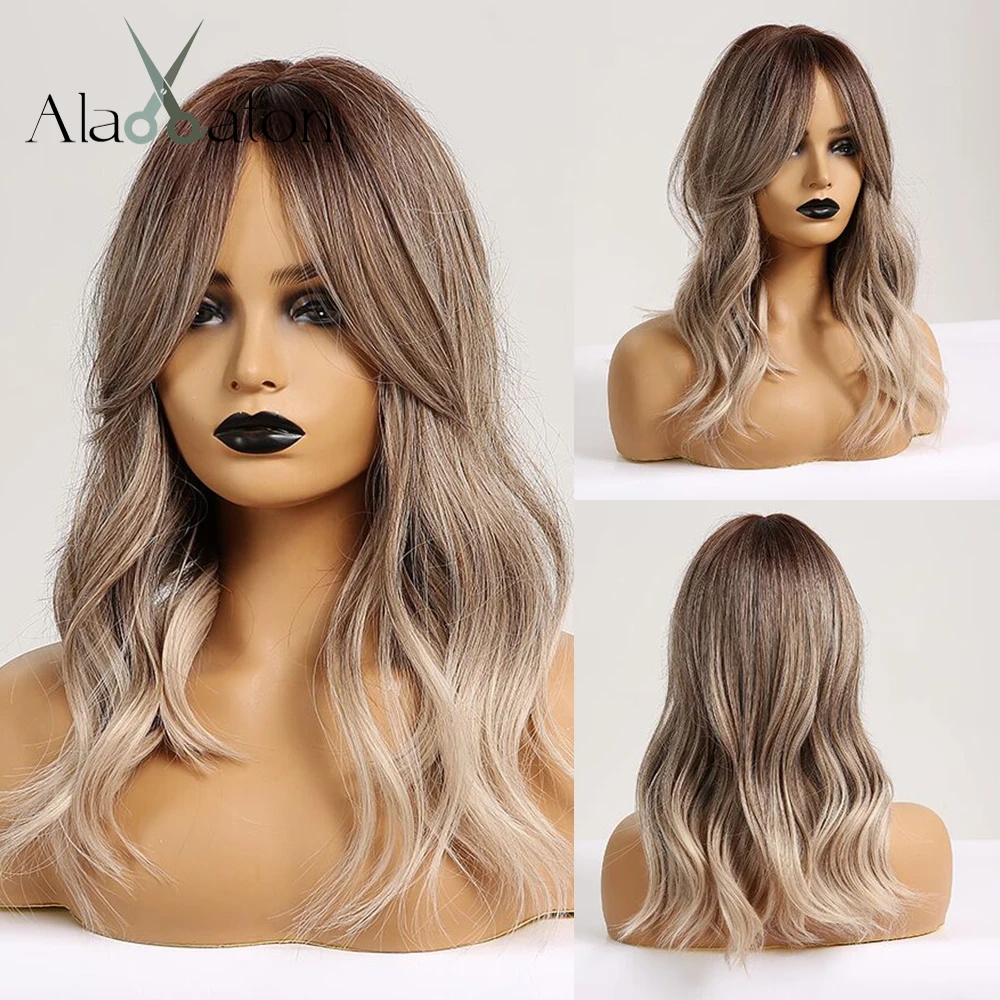 ALAN EATON Synthetic Hair Wig Ombre Brown Light Ash Blonde Medium Wave Wig for Black Women Heat Resistant Fiber Daily False Hair