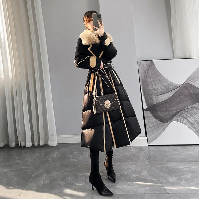 Parkas High-End Thicken Long Women Black Patchwork Lamb Hair 90% White Duck Down Coat Silver Winter Warm Ladies Outwear New