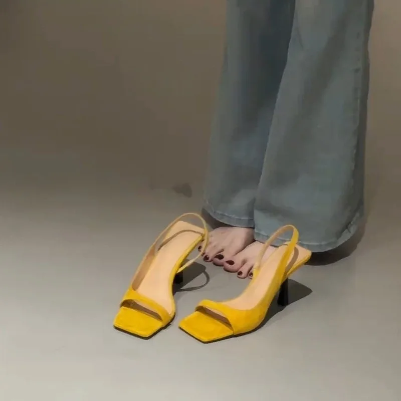 2026 New Summer Women's Square Toe Strap Sandals French Open Toe Thin Heel Backless High Heels Elegant Shoes Matching Dresses
