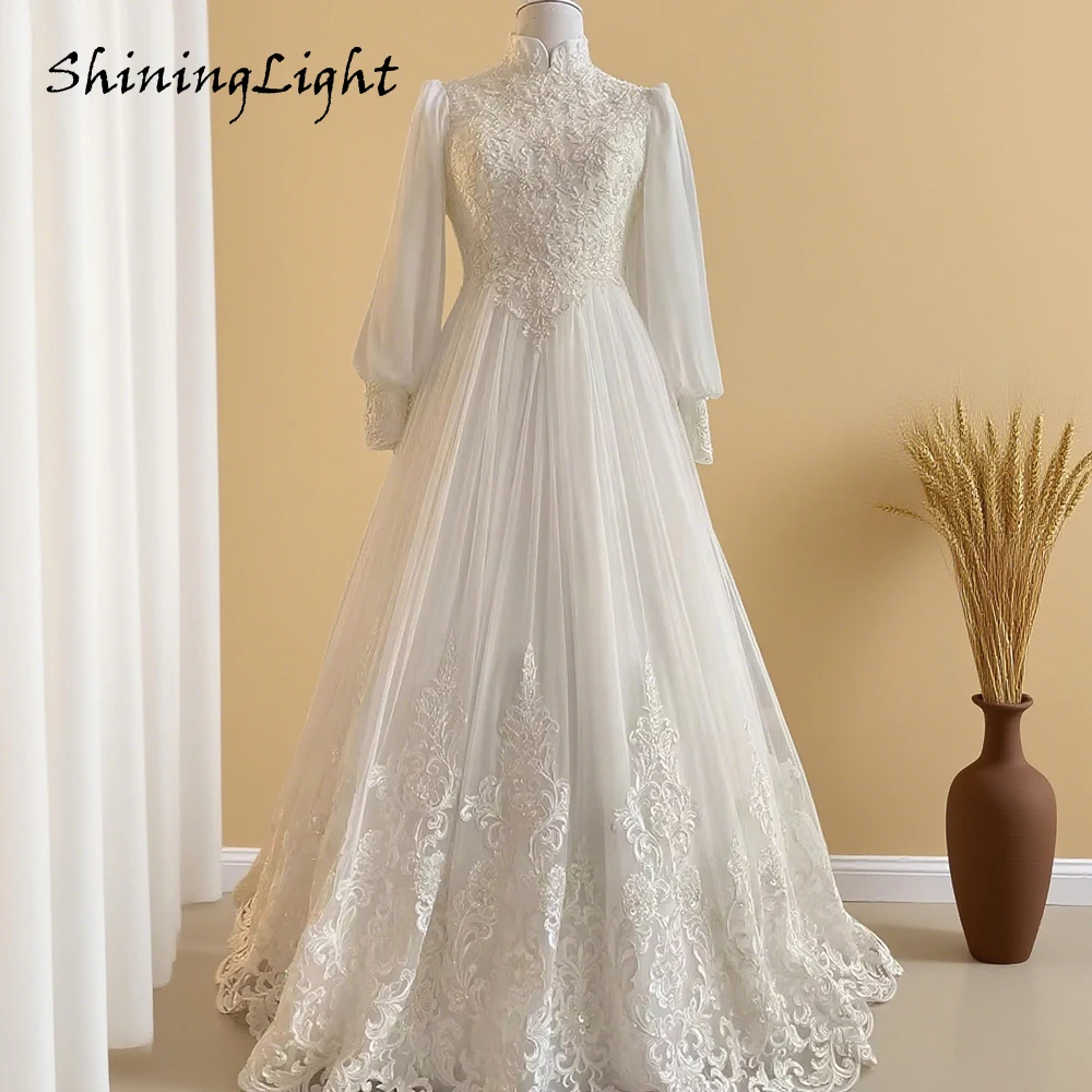 

Ivry Tulle Luxury Muslim Wedding Dress High Neck Beaded Appliques A-Line Bridal Gown свадебное платье Customized