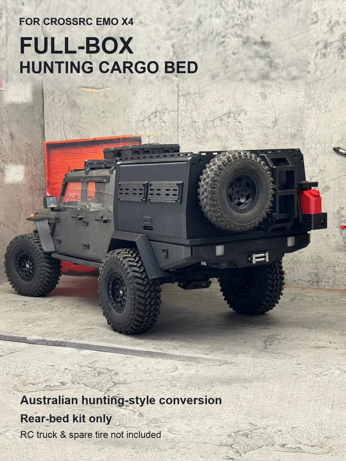 Full-Box Hunting Cargo Bed Kit for CROSSRC EMO X4 Big Leopard 1/8 RC Pickup, 115 Degree Magnetic Side Doors, DIY or Preassembled