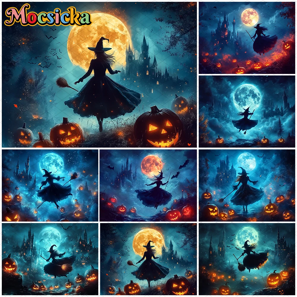 

Mocsicka Halloween Witch Photo Backgrounds Shooting Props Moon Castle Bat Jack-O-Lanterns Party Decorations Photography Backdrop