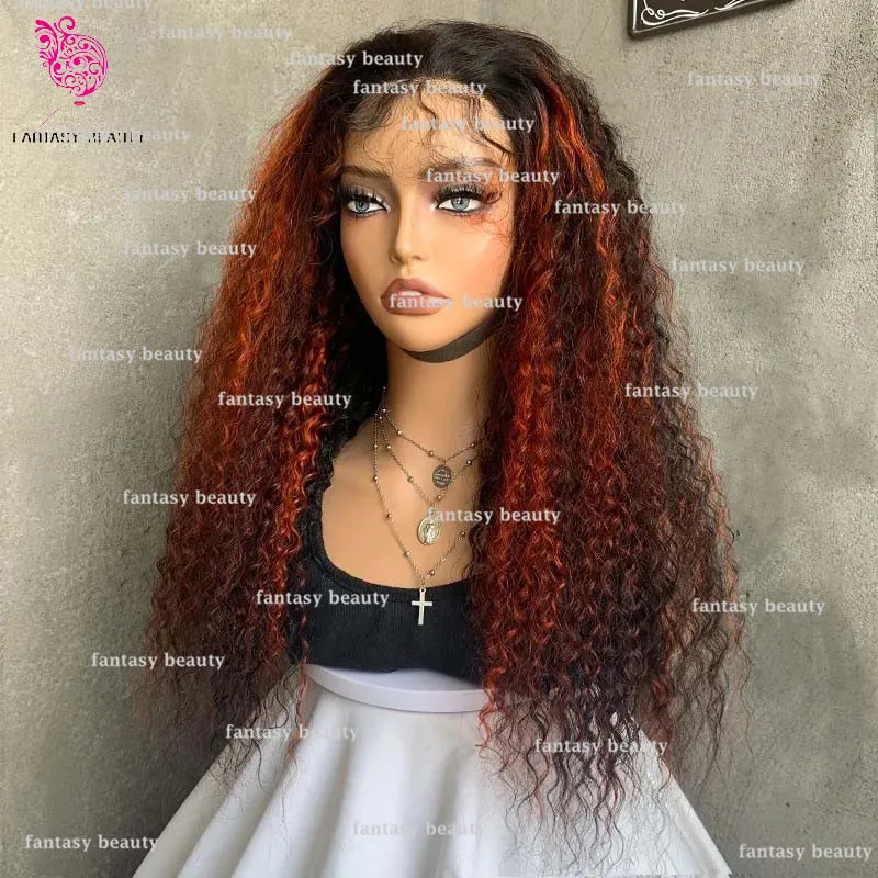 Highlights red brown transparent lace Premium Wig Full Lace wig Remi hair13×6 HD breathable front lace wig women's long hair wig