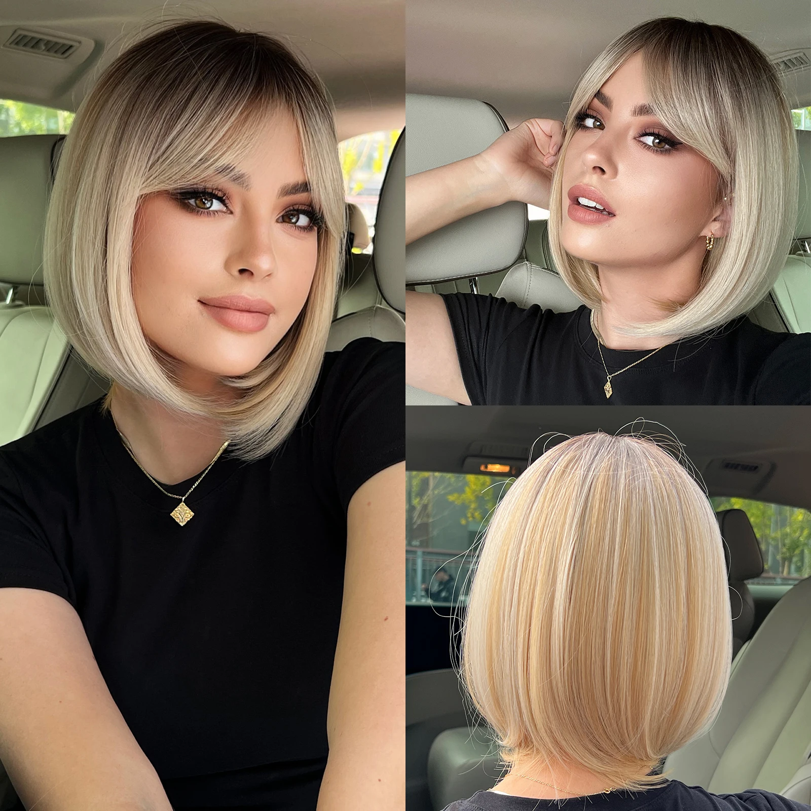 Blond Ombre Krótkie proste naturalne peruki syntetyczne z grzywką dla kobiet Codzienne użytkowanie na imprezę Peruki z włókien termoodpornych