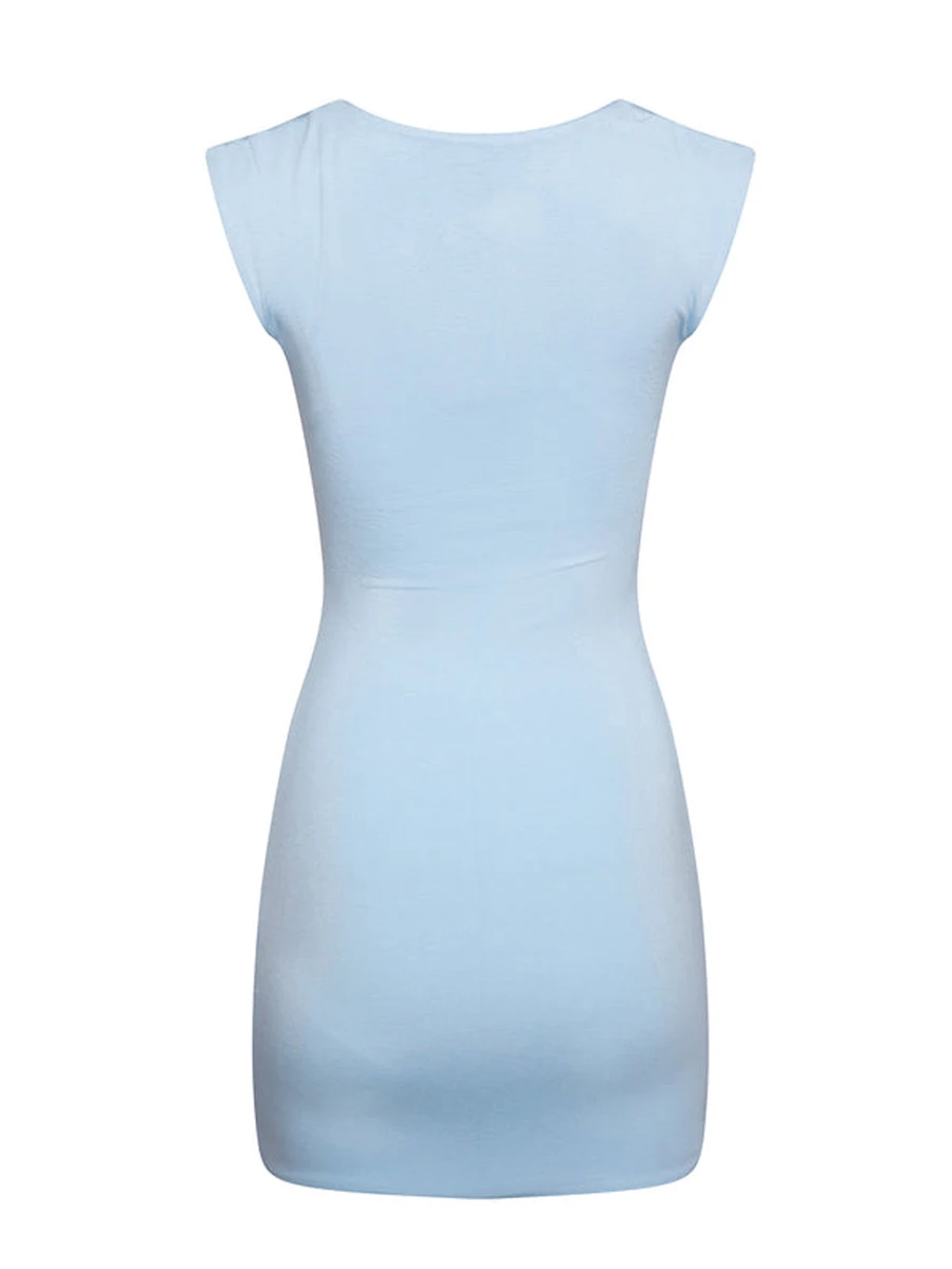 Frauen Bodycon Mini Kleid, Kurzarm Open Back Einfarbig Patchwork Club Kleid