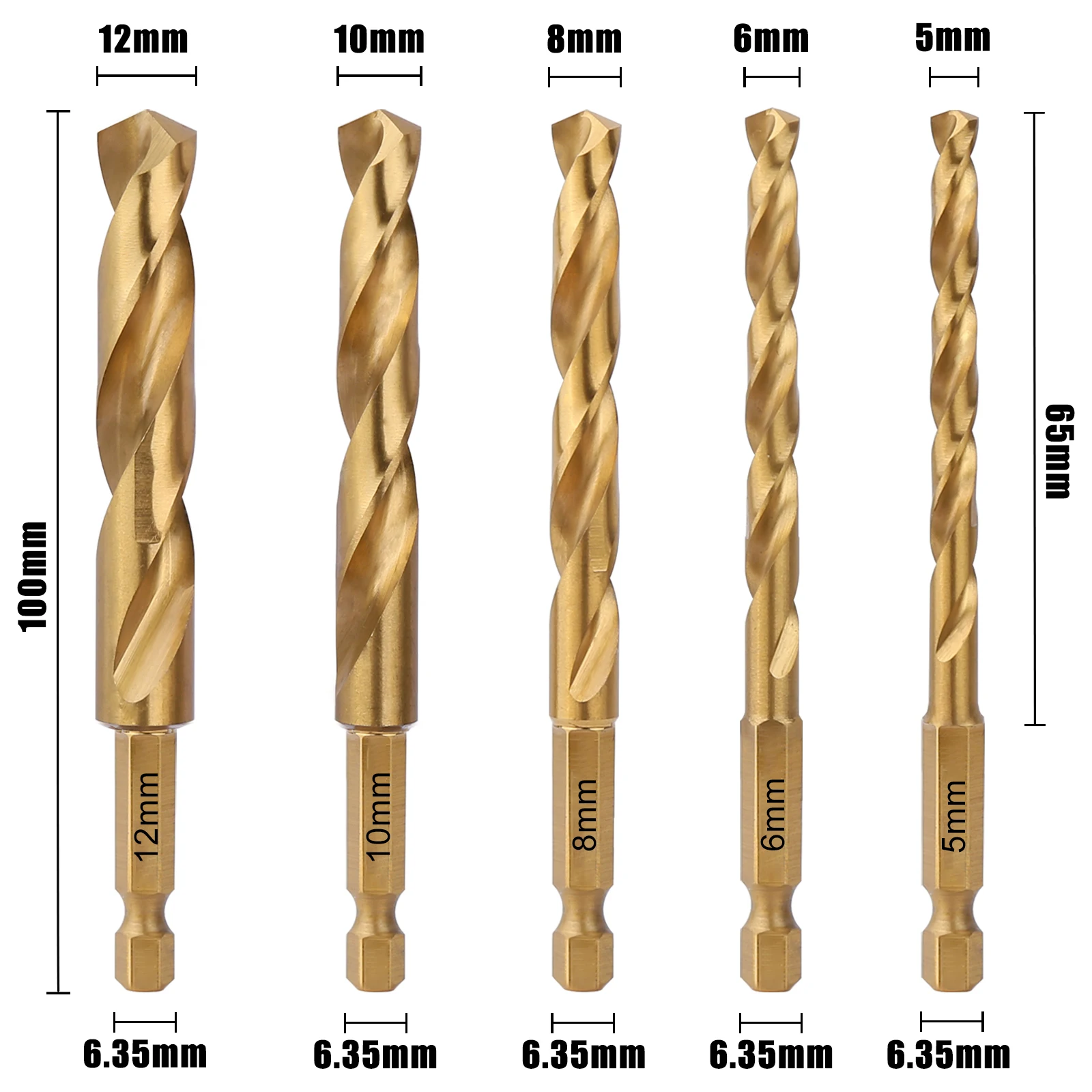 5 Teile/satz 5/6/8/10/12mm HSS M2 Metrische Titan Beschichtet Gerade Schaft Spiralbohrer 100mm Mit 6,35mm Sechskantschaft Für Holz Metall