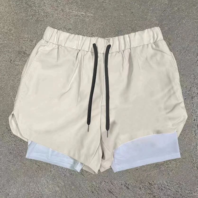 Short de praia respirável monocromático de dupla camada masculino, grande e confortável para fitness, short de rua casual, verão