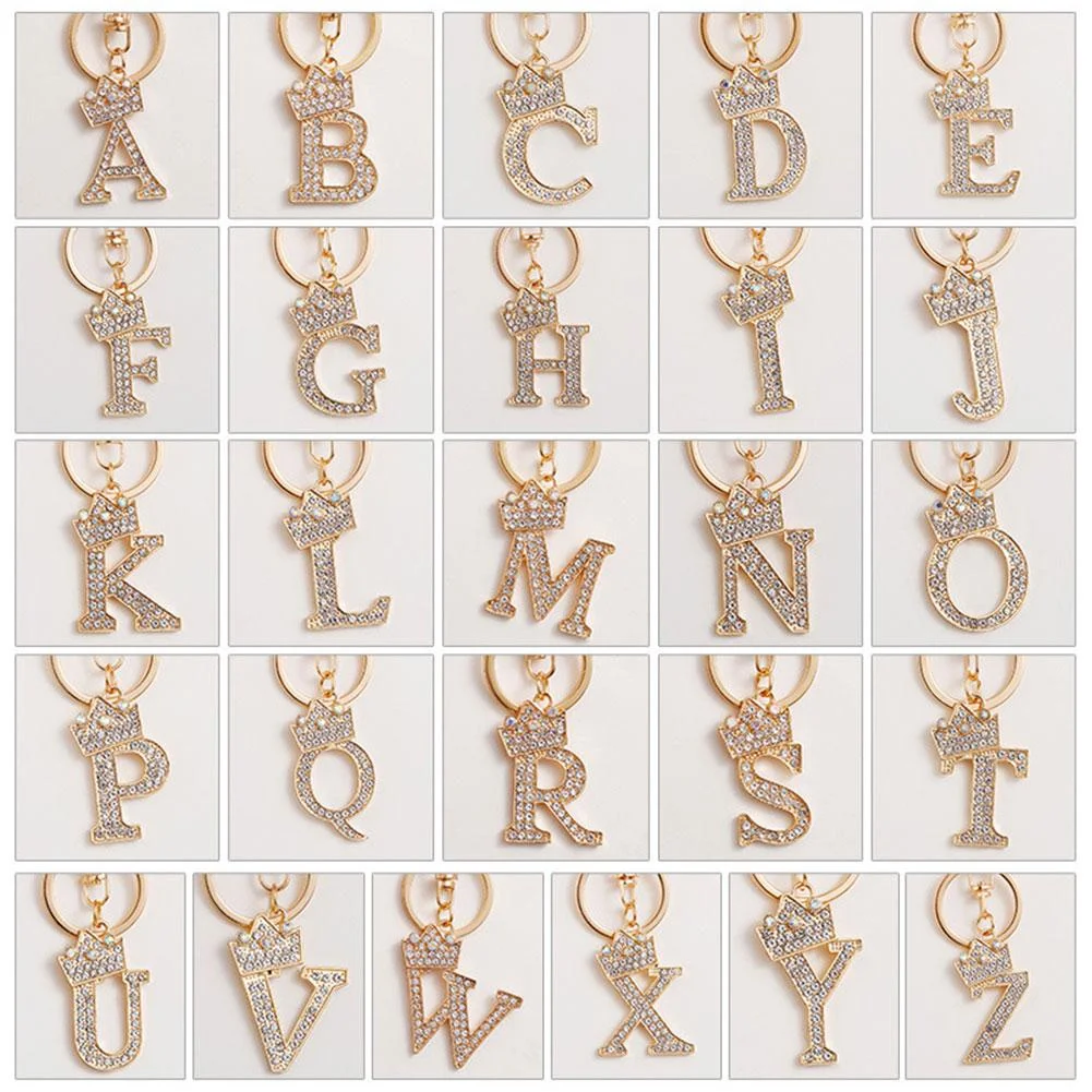 Fashion Rhinestone 26 Letter Keychain Luxury Crown Metal Keyring for Women Girls Car Handabg Phone Pendant Charm DIY Accessoreis