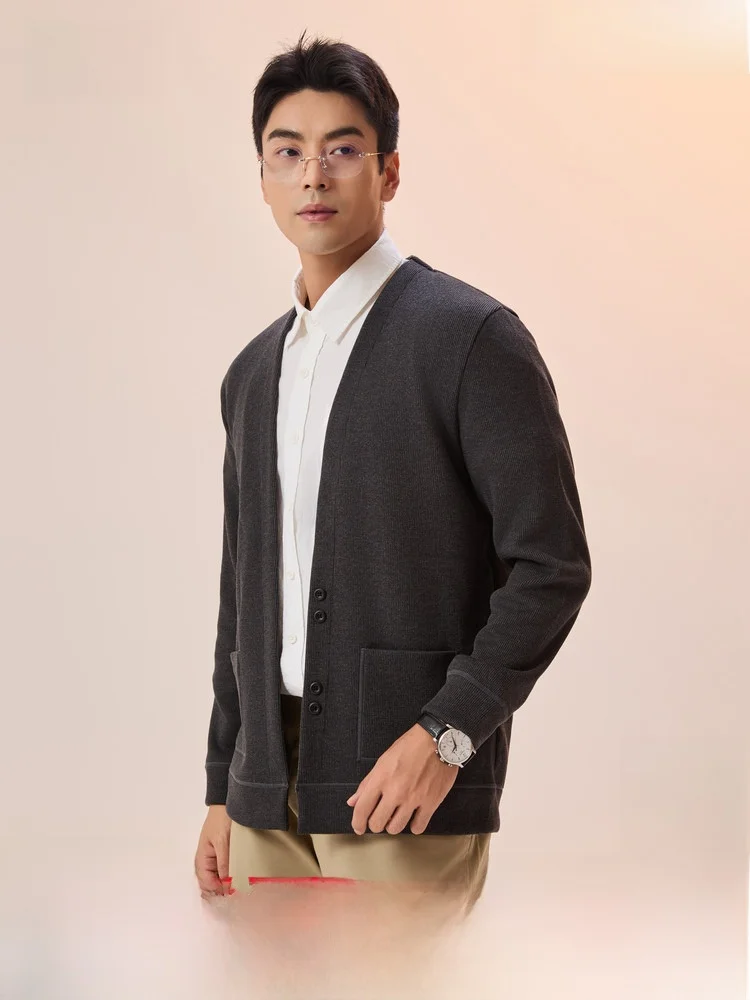 

Мужской вязаный кардиган Snow Flng Весна 2026 из смесовой шерсти и шелка, повседневный, универсальный, с длинными рукавами, в джентльменском стиле, полиэстер