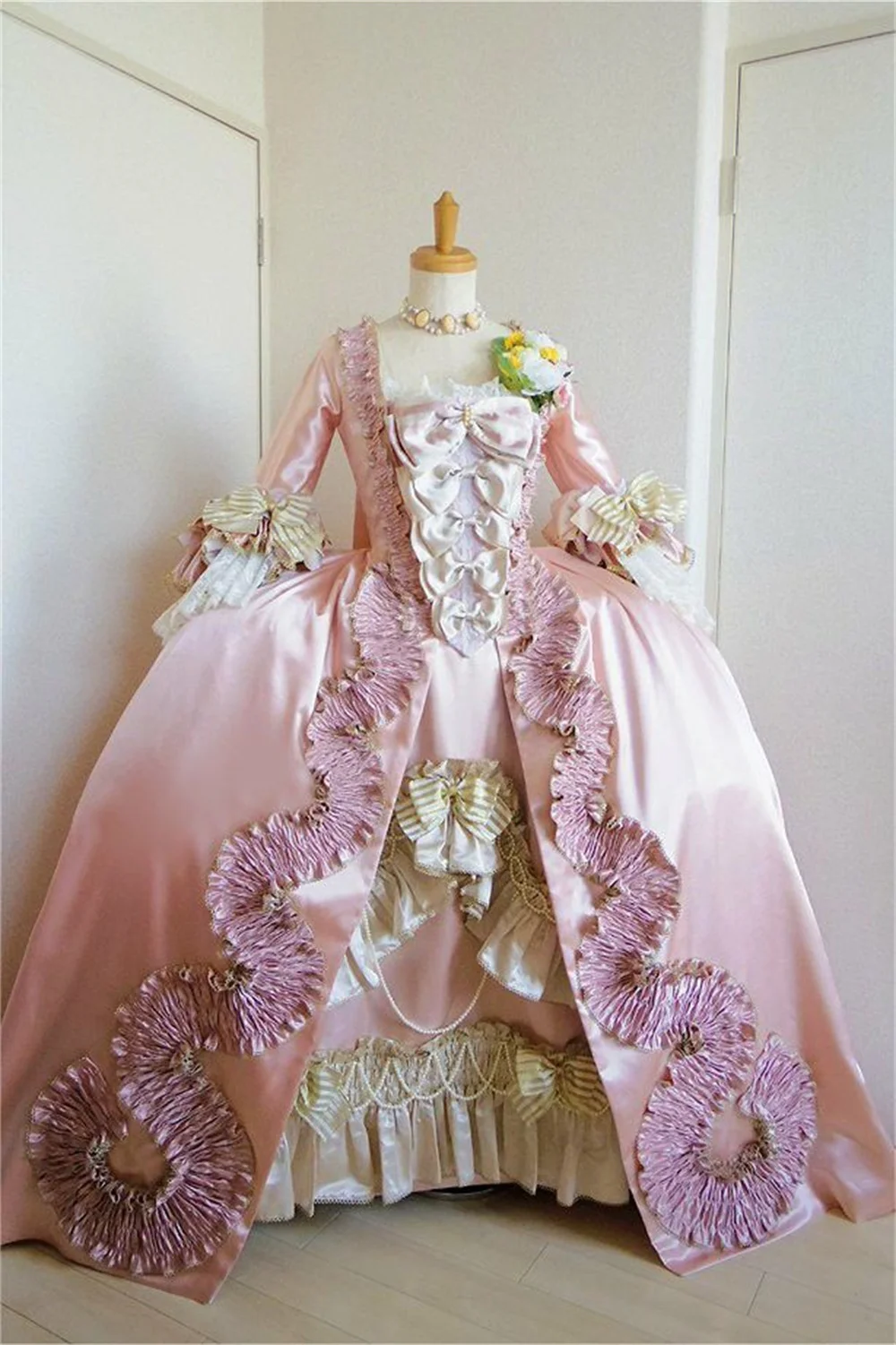 Pink Lolita 18th Century Robe A La Francaise Bow Pearl Tassel Pleated Marie Antoinette Rococo Ball Gown Victorian Dress Costume