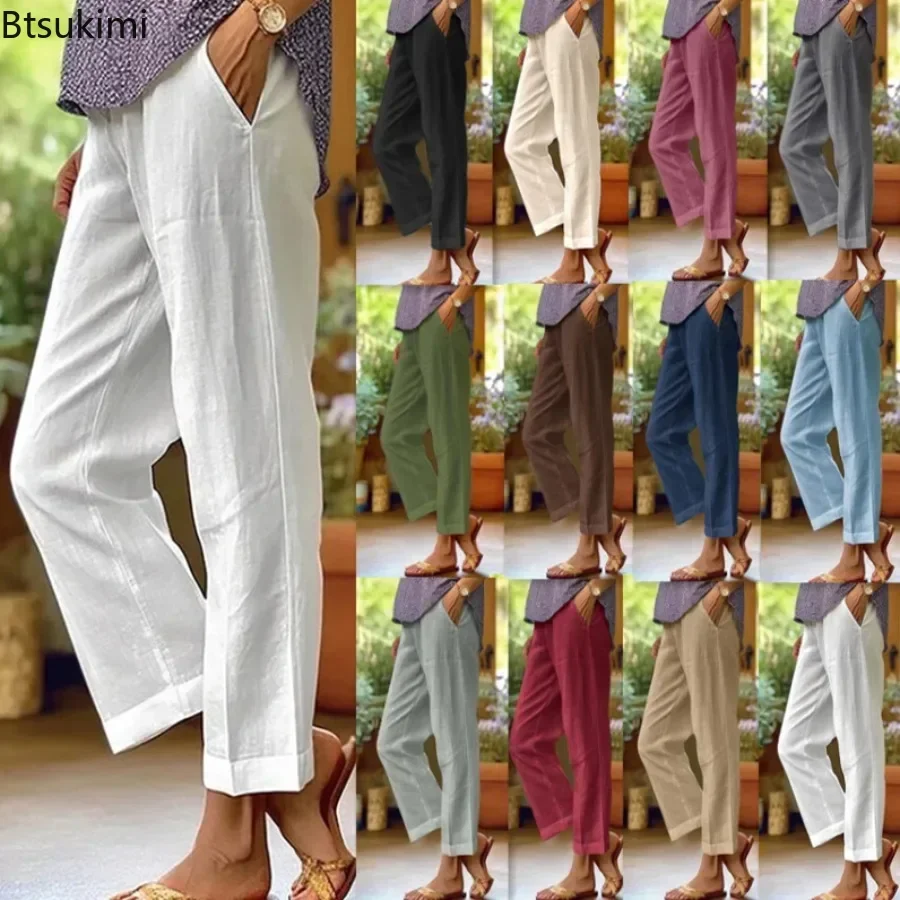 

2024 Women's Solid Simple Casual Trousers Breathable Cotton Linen Straight Pants Elastic Waist Loose Basic Versatile Pants Femme