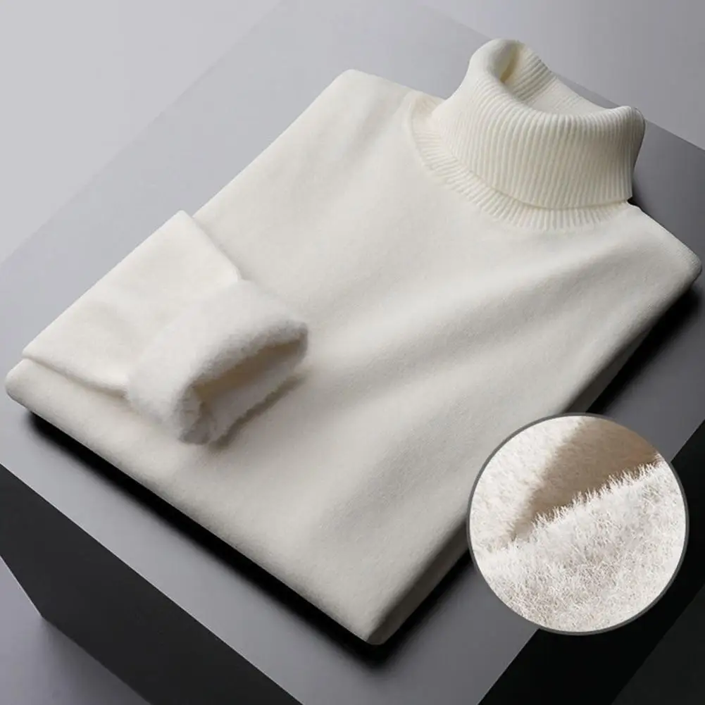 Men Sweater Half-High Collar Knit Thick Plush Lining Elastic Long Sleeves Warm Bottoming Knitwear Loose Sweaterts Jumper