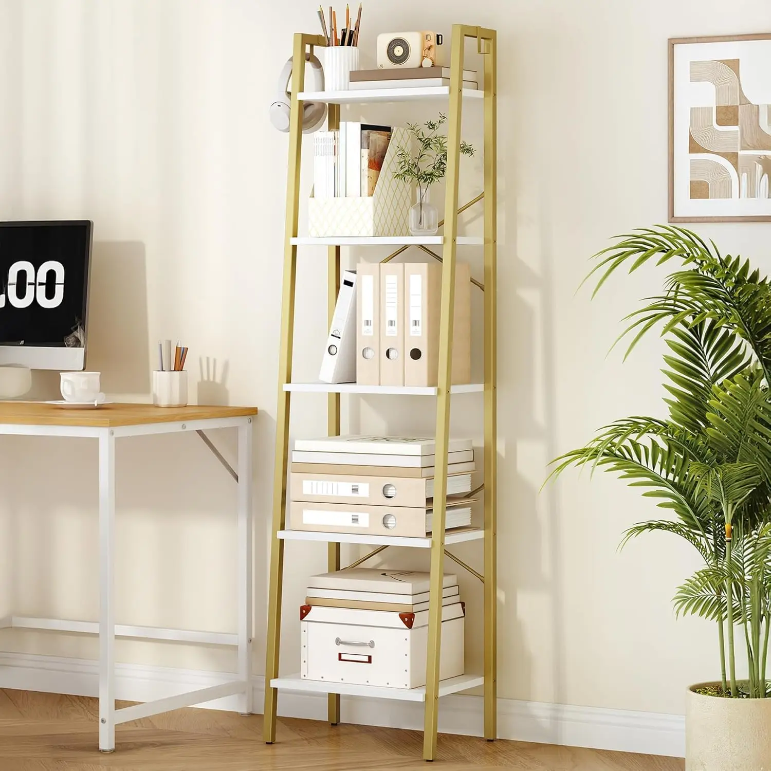 

Industrial Ladder Shelf, 5-Tier Freestanding Corner Bookcase with 2 Hooks, Narrow Storage Rack for Home Office, Living Room, Kitchen, Bedroom, White Gold, 11.8"D x 17.3"W x 63"H