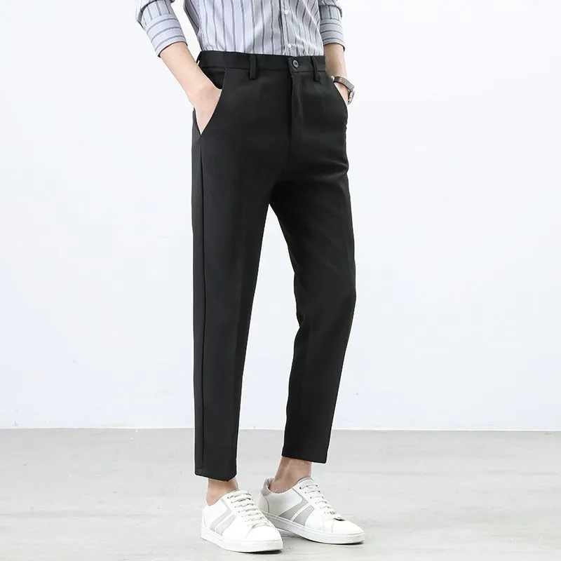 Autumn Winter Men's Suit Pants Trendy Slim Straight Cropped Trousers Wrinkle Resistant No Iron Casual Dress Pants for Men