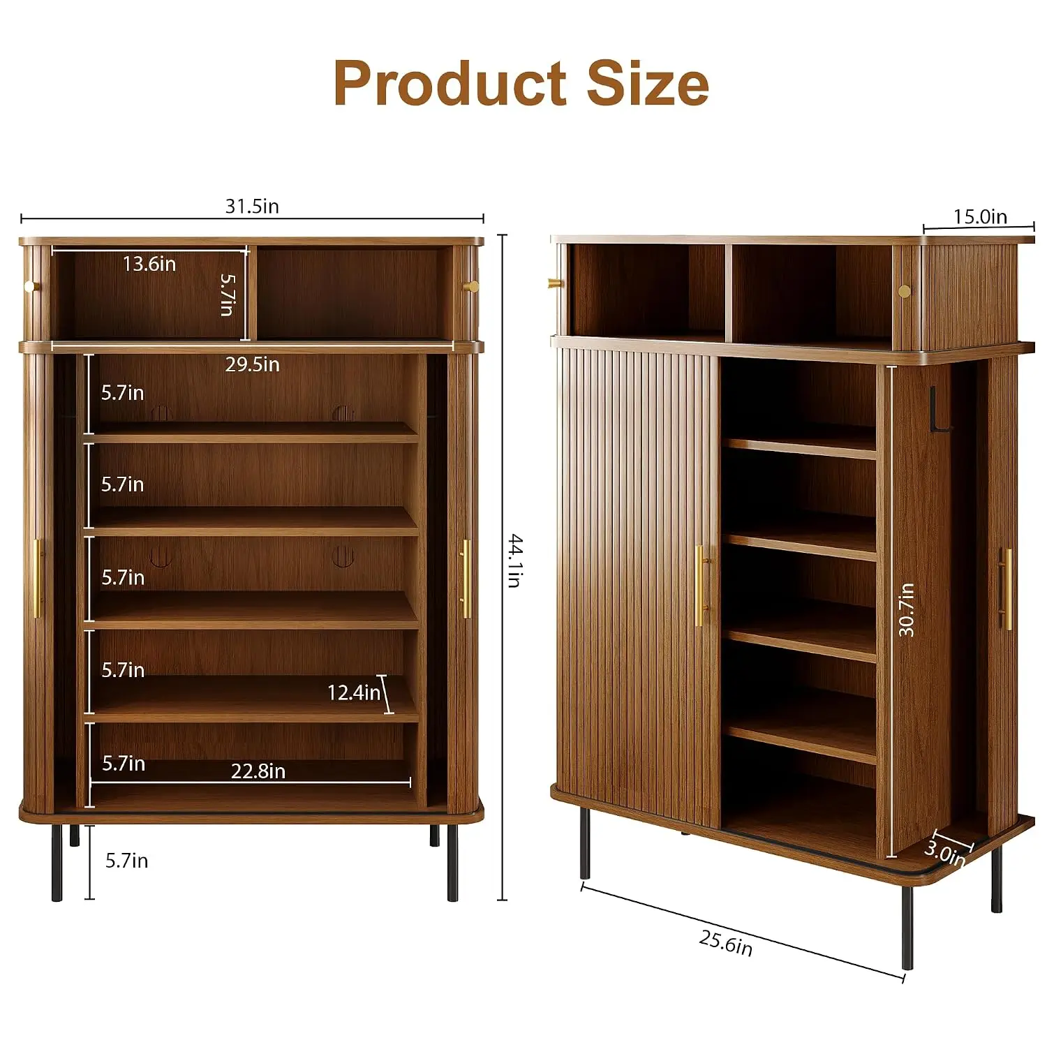 31.5 Inch Walnut Shoe Storage Cabinet with Sliding Tambour Door, 5 Tier Wooden Shoe Organizer, Adjustable Shelves