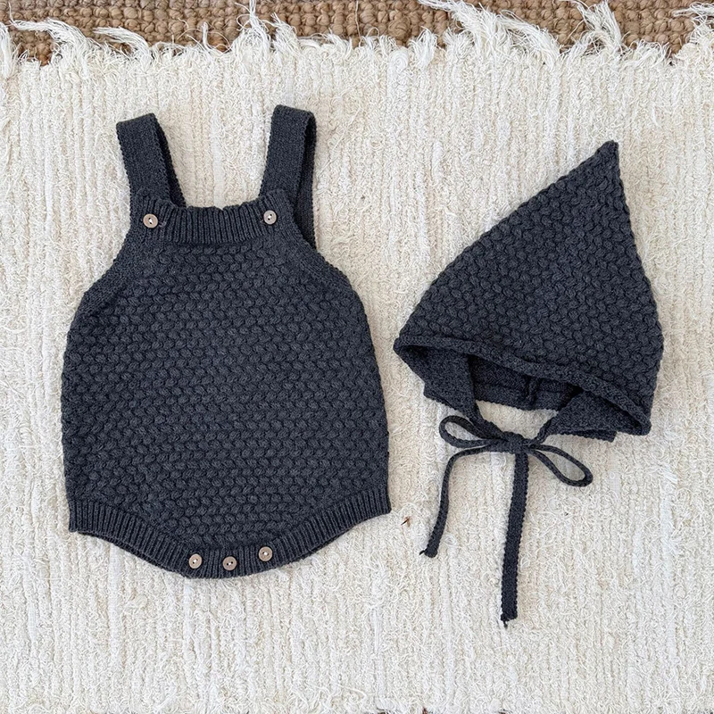 ربيع جديد 2026 ملابس الأطفال طفل رضيع الفتيان فتاة محبوك رومبير الرضع طفل بلا أكمام بلون محبوك بذلة + قبعة #4