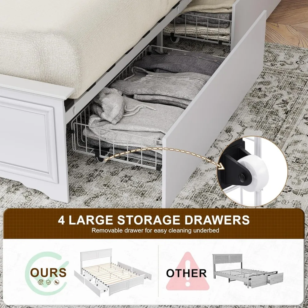 إطار سرير بمنصة على شكل كوين من Yechen مع لوح أمامي و4 أدراج تخزين - هيكل خشبي قوي، لا يتطلب صندوق زنبركي