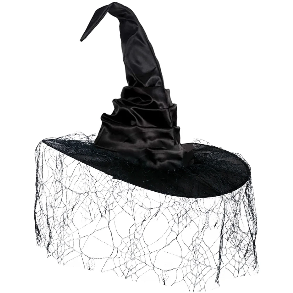 Witch Hat Pleated Pointed Peak Tulle Trim Web Mesh Gothic Cloth 40x45cm Adjustable Fit For Halloween Costume Party Decor For