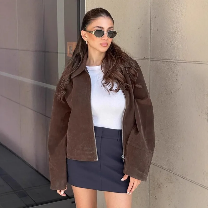 

Shpmishal Retro Maillard Brown Suede Coat for Women 2025 Autumn Commuter Loose Collar Jacket Design Sense Top
