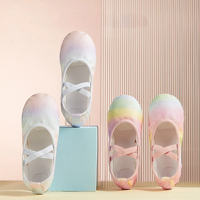

2015 Shiny rainbow soft soled ballet shoes girls ballet performing Training shoes cat claw dance shoes Ballet Slippers for kids