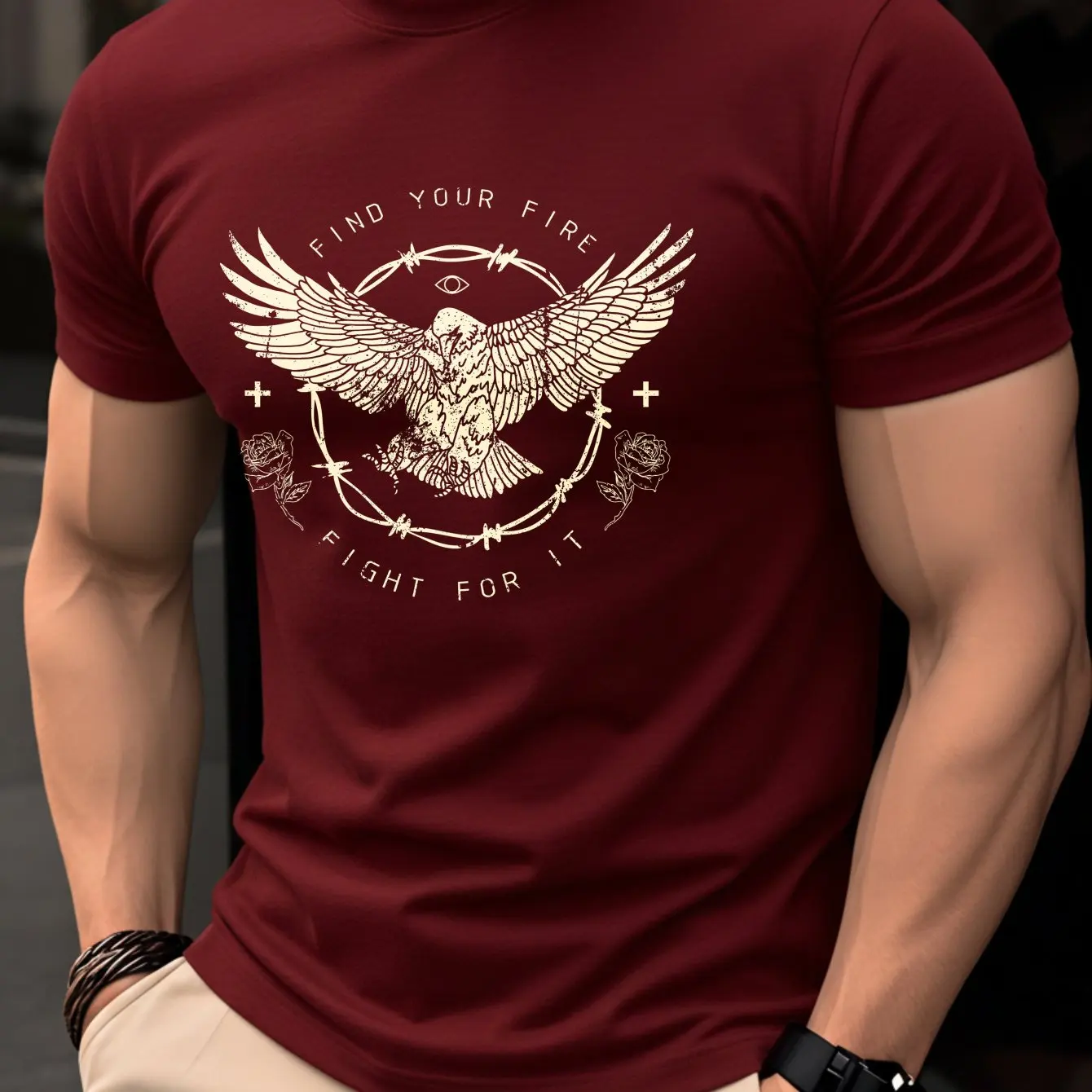 Men Red O-NeckT-Shirt Vintage Eagle Print