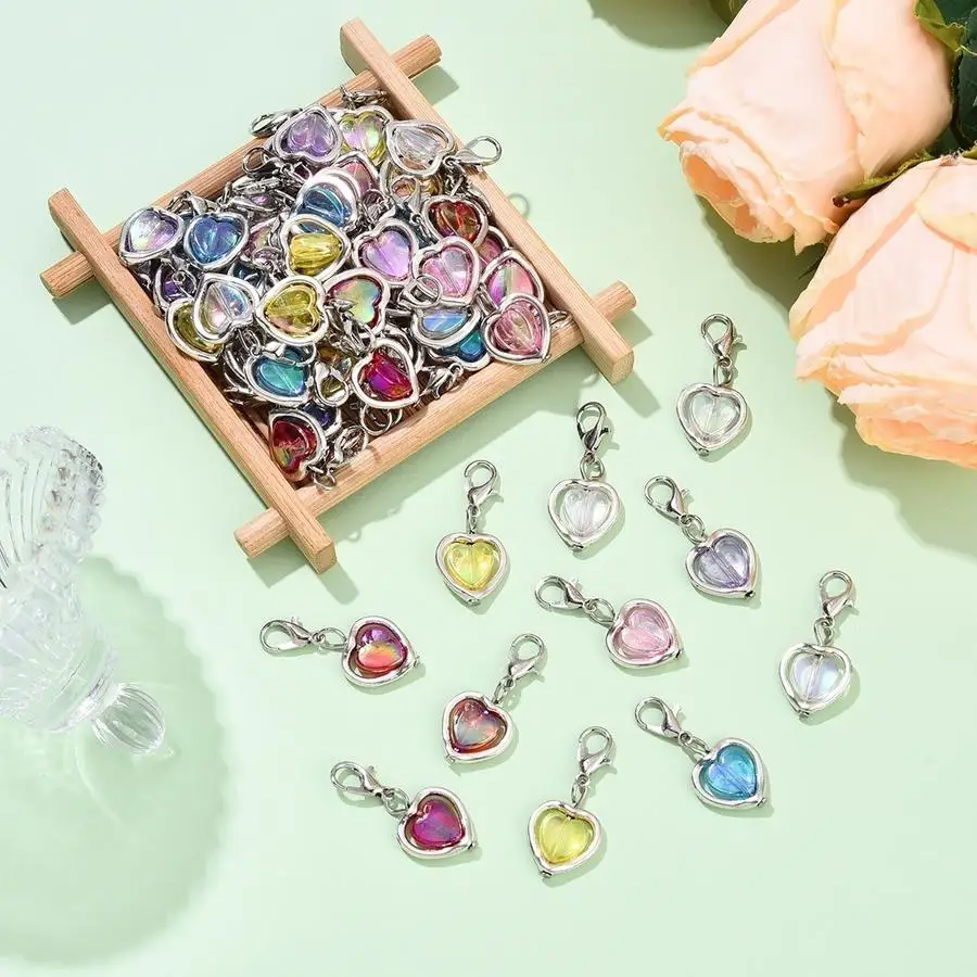 1/5/10/20/50/100pcs Assorted Color Heart-Shaped Alloy Pendants with Alloy Lobster Claw Clasps, Keychain Accessories 30mm, for DI