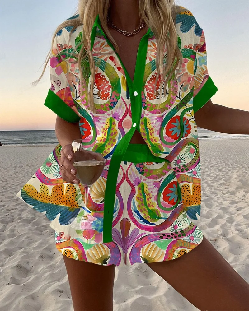 

Fashion Lapel Short-sleeved Single-breasted Shirt Top + Shorts 2-piece Set Women Elegant Summer Print Loose Casual Suit Female